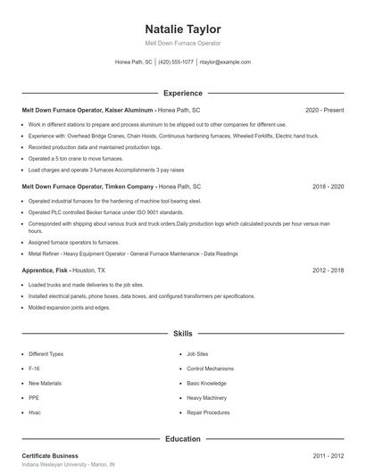 Melt Down Furnace Operator Resume