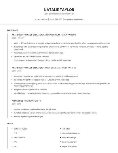 Melt Down Furnace Operator Resume