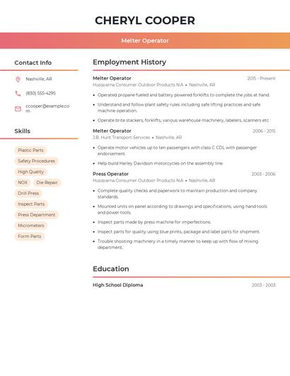 Melter Operator Resume