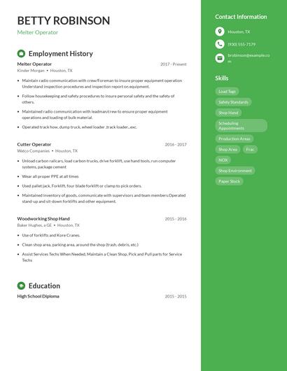 Melter Operator Resume
