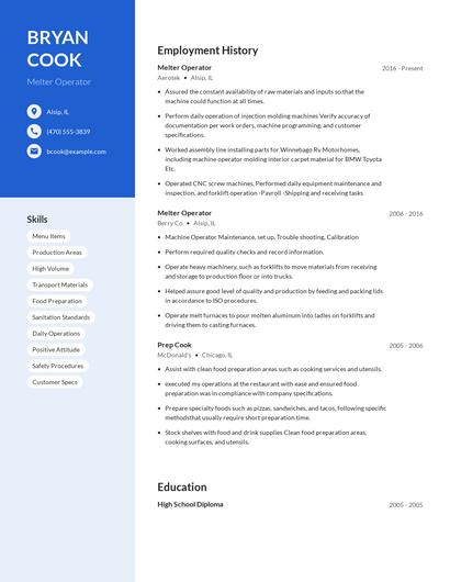Melter Operator Resume