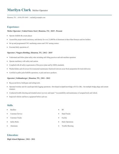 Melter Operator Resume