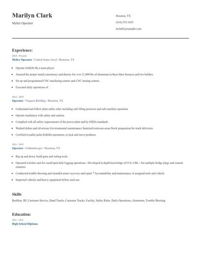 Melter Operator Resume
