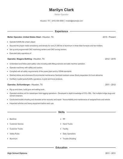 Melter Operator Resume