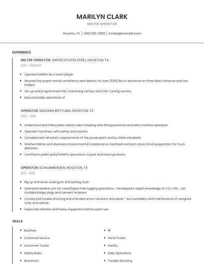 Melter Operator Resume