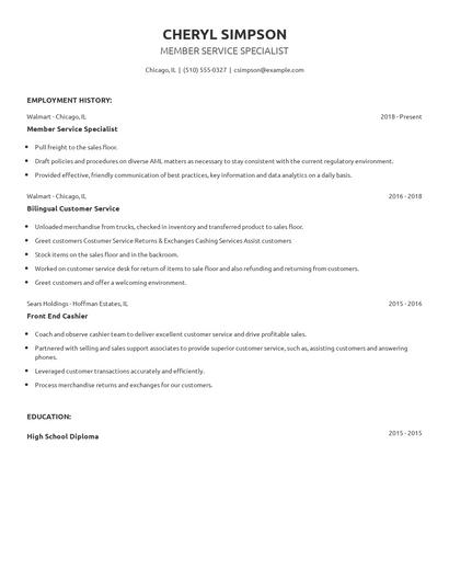 Member Service Specialist Resume