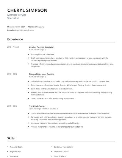 Member Service Specialist Resume