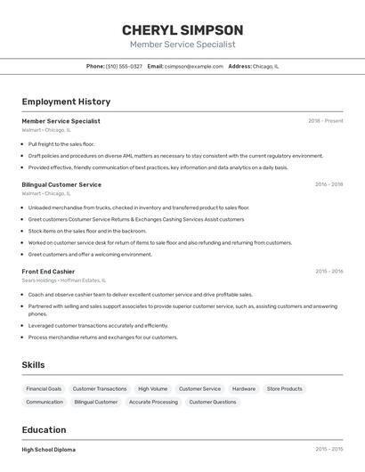 Member Service Specialist Resume