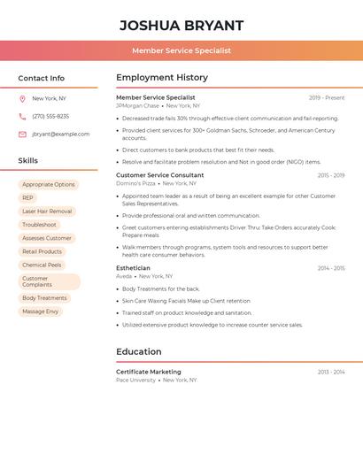 Member Service Specialist Resume
