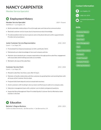Member Service Specialist Resume