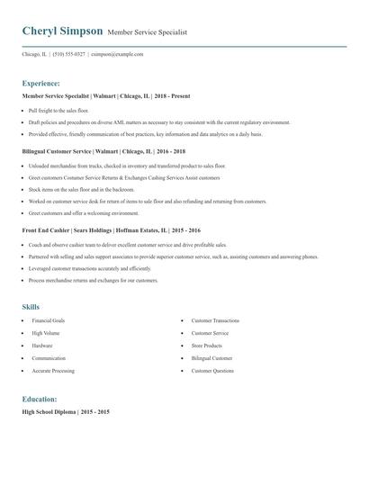Member Service Specialist Resume
