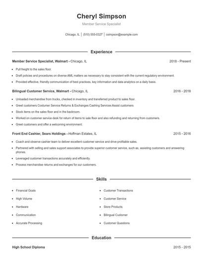 Member Service Specialist Resume