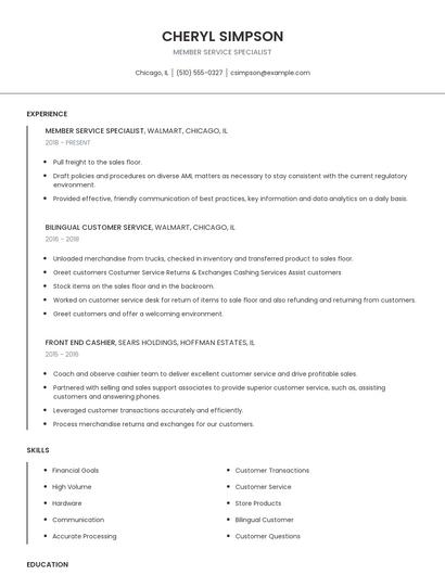 Member Service Specialist Resume