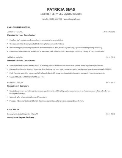 Member Services Coordinator Resume