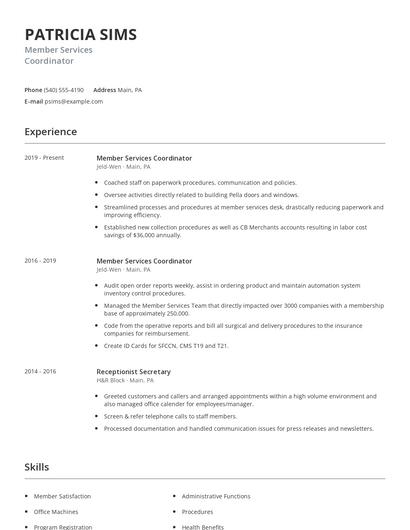 Member Services Coordinator Resume