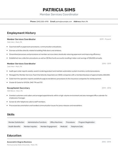 Member Services Coordinator Resume