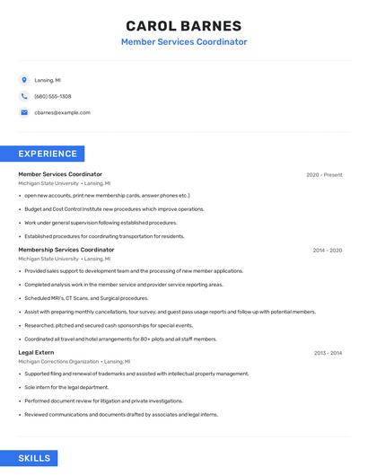 Member Services Coordinator Resume