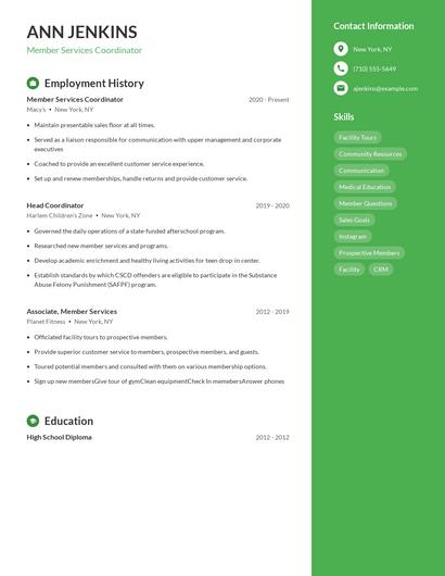 Member Services Coordinator Resume
