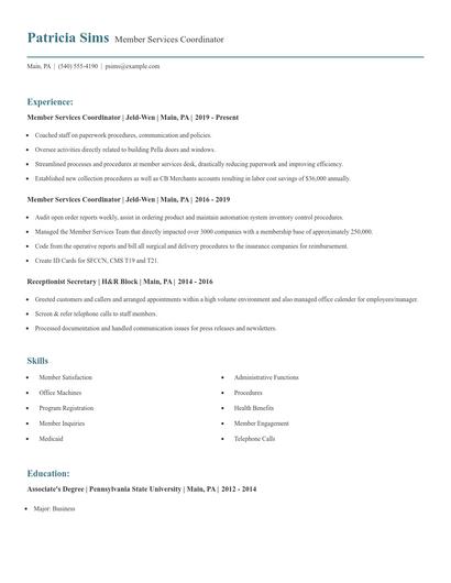 Member Services Coordinator Resume