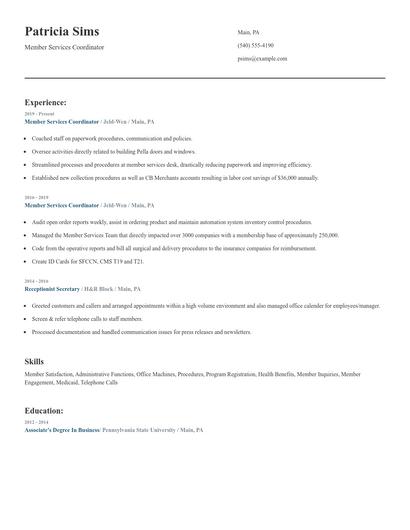 Member Services Coordinator Resume