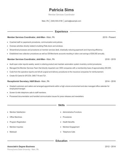 Member Services Coordinator Resume