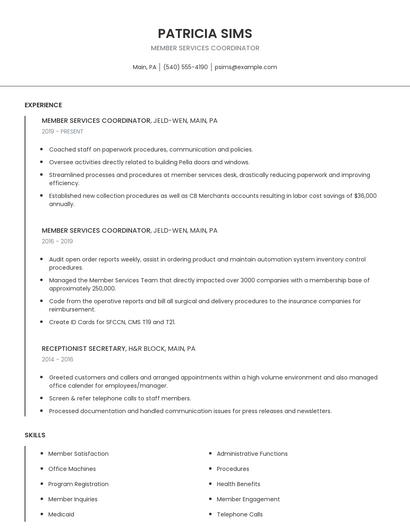 Member Services Coordinator Resume
