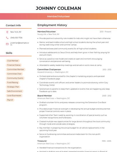 Member/Volunteer Resume