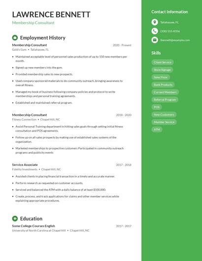 Membership Consultant Resume