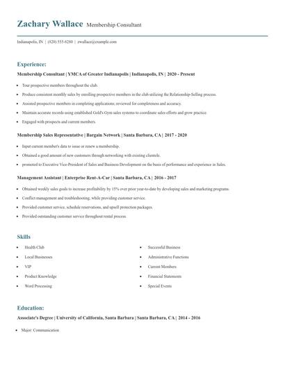 Membership Consultant Resume