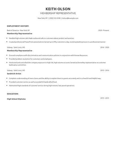 Membership Representative Resume