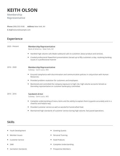 Membership Representative Resume