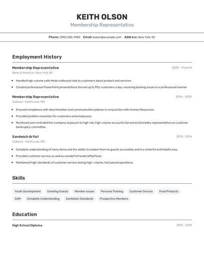 Membership Representative Resume