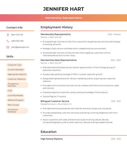 Membership Representative Resume