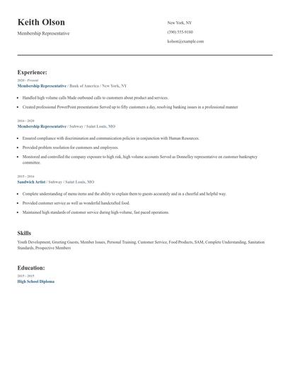 Membership Representative Resume
