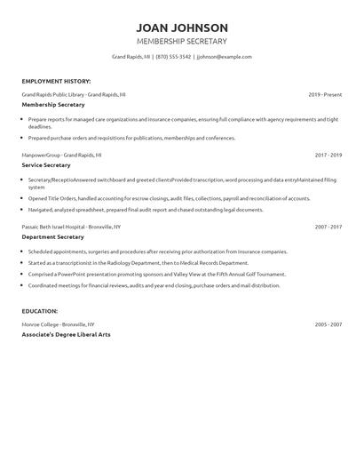 Membership Secretary Resume