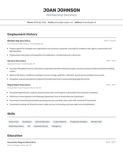 Membership Secretary Resume