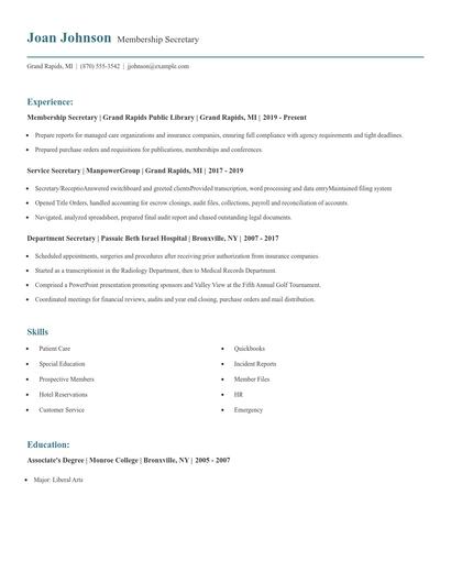 Membership Secretary Resume