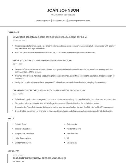 Membership Secretary Resume