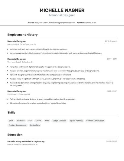 Memorial Designer Resume