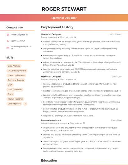 Memorial Designer Resume