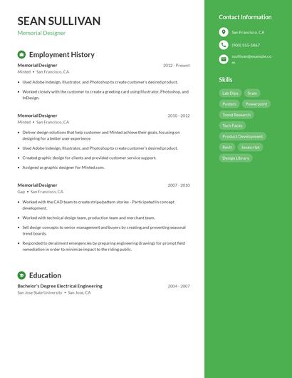 Memorial Designer Resume