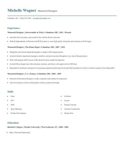 Memorial Designer Resume
