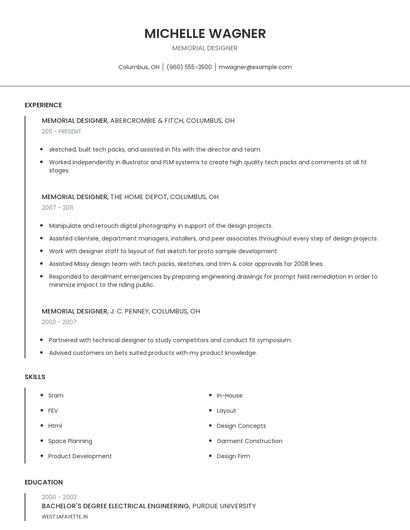 Memorial Designer Resume