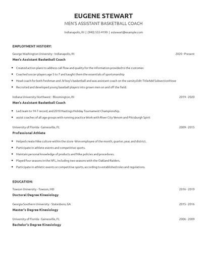 Men's Assistant Basketball Coach Resume