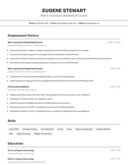 Men's Assistant Basketball Coach Resume