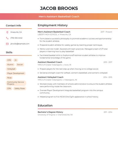 Men's Assistant Basketball Coach Resume