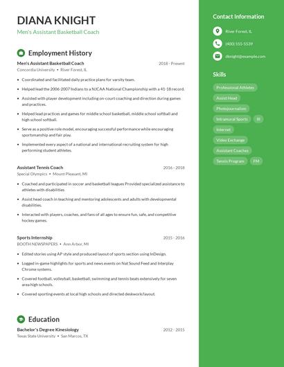 Men's Assistant Basketball Coach Resume