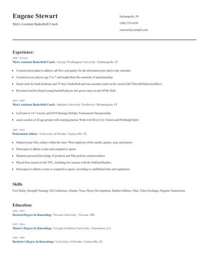 Men's Assistant Basketball Coach Resume