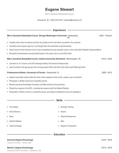 Men's Assistant Basketball Coach Resume