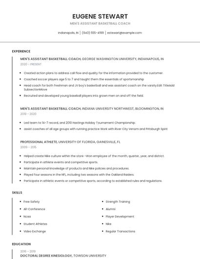 Men's Assistant Basketball Coach Resume